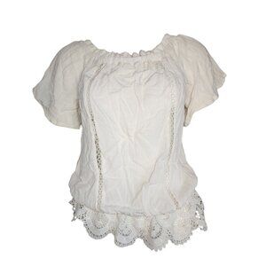 RUE 21 Solid All Off White Short Sleeve Lace Detail Top Womens Size L Large